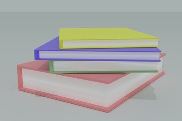 Stack of Many books of different colors on a white table background. 3D render.