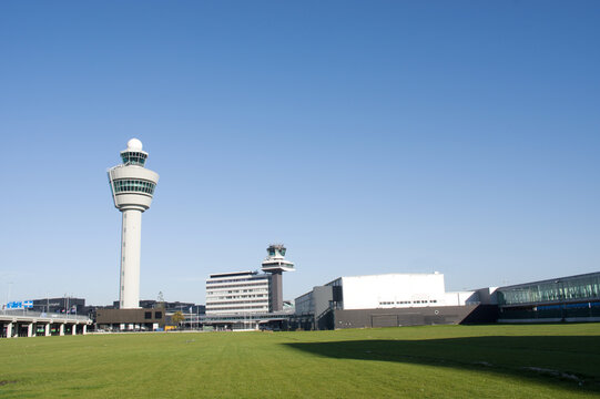 Air traffic control tower for flights managment at airport Schiphol in the Netherlands