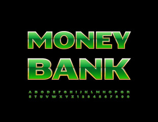 Vector business sign Money Bank with rich Green and Gold Font. Shiny elite Alphabet Letters and Numbers set