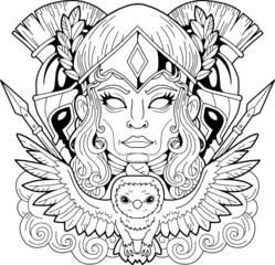 ancient greek mythological goddess Athena, outline illustration, design