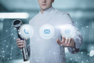 Chef clicks on the network contacts icons on a blurred background.