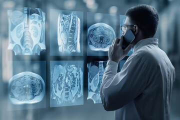 Doctor looking at x-rays on a virtual computer screen .