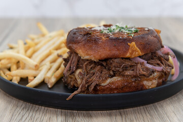 Shredded short rib sandwich with grilled chesse and served with a generous portion of french fries