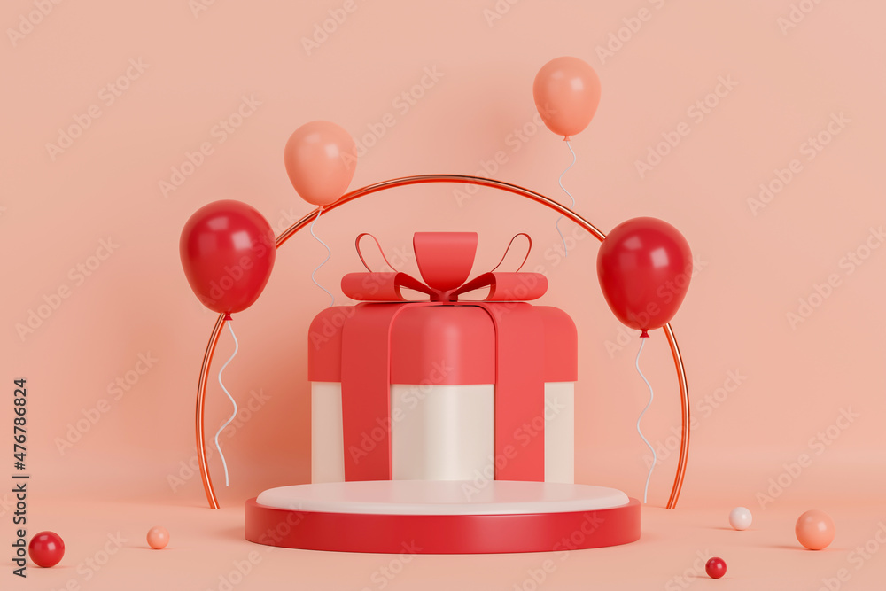 Poster 3d rendering empty cylinder podium with big gift box and balloons on pink background. abstract scene