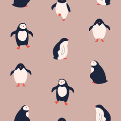 Vector seamless pattern with cute funny penguins