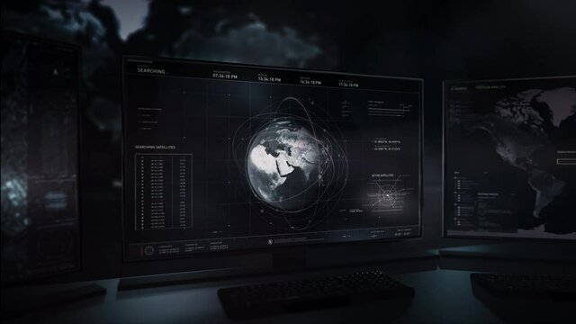 Dark planet earth appearing on screen. Active satellites. Search request. Kazakhstan area. Special security agency performs a modern surveillance on the territory of Kazakhstan via three satellites.UI