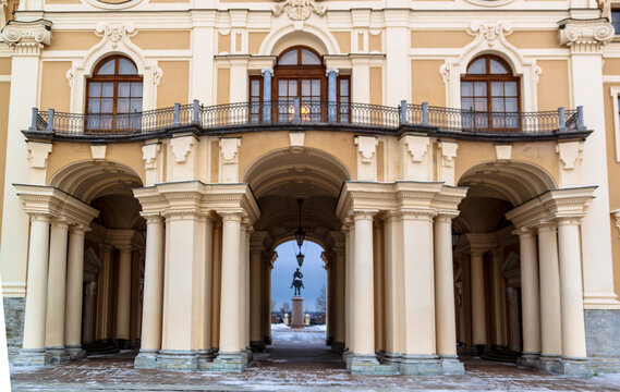 Saint Petersburg, Russia - December, 12, 2021: Lower part of the north facade Konstantinovsky Palace in Strelna.