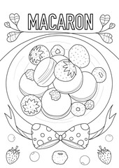 Macaron. Coloring pages for kids and adults. Relaxing time with dessert set, printable hand drawn coloring pages.