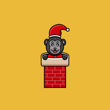 Vector Illustration Mascot cartoon character of Cute Baby King Kong With Santa Clause Costume and On House Chimney.  Suitable for Brand, Label, Logo, Sticker, t-shirt Design and other Product.