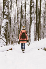 Fototapeta na wymiar Winter forest and woman walking in snow nature. Rear view of girl in Calming Coral color down jacket and warm hat strolls in woods
