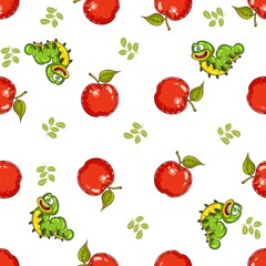 Seamless pattern of apples and caterpillars with leaves