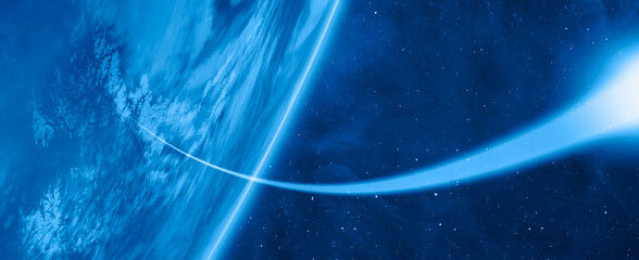 Lange blootstelling nachtelijke raketlancering - planeet aarde met een spectaculaire zonsondergang "Elementen van deze afbeelding geleverd door NASA"