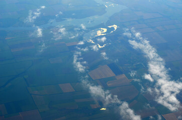 Aerial view of countryside from airliner. Kiev Region.