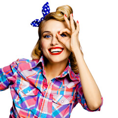 Pin up girl. Excited happy woman showing ok sign gesture, looking throw her hand. Retro pinup and...