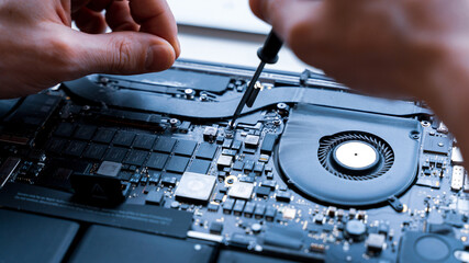 Computer service. Pc technician repair service with laptop on hardware technology background....