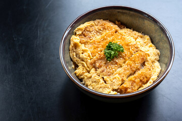 A bowl of pork cutlet with egg and rice