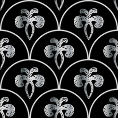 Art Deco stylized fleur de lys scale vector seamless pattern background. Gradient silver black metal lily motifs with grunge texture. Abstract 1920s geometric background. Repeat for celebration