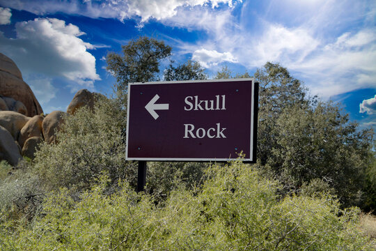 Skull Rock sign in Joshua Tree National Park in California