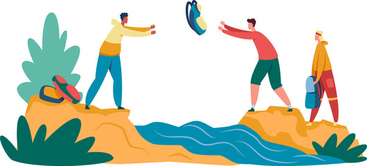 Fototapeta premium Group of tourists crossin river on hike. Adventure tourist walk over river, explorer. Vector illustration