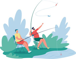 People fishing on river coast, relax outdoor. Vector fisherman hobby, leisure and vacation illustration
