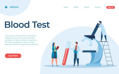 Blood test in laboratory, landing page analysis and research plazma. Illustration of biochemistry laboratory test, research clinical treatment