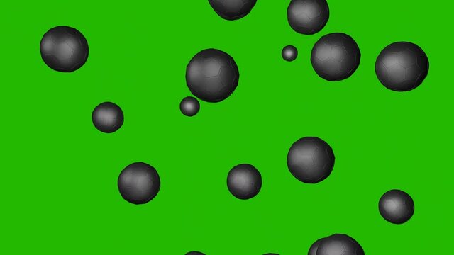 Black soccer (football)  balls are falling against a green screen background. 3D animation. Sport.