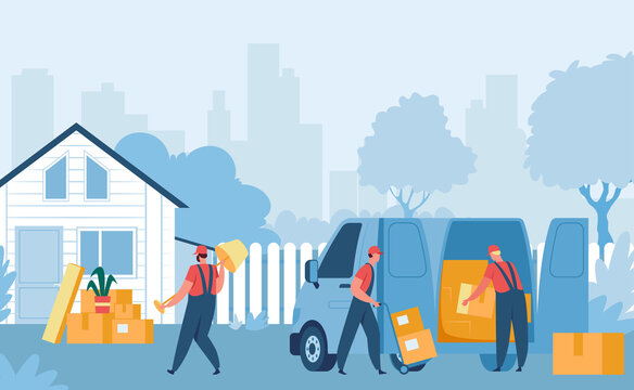 Delivery workers help to move in new house. Vector transportation move and relocation with cardboard, deliver service illustration