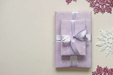 Christmas gift box on background. Holiday greeting card. copy space.