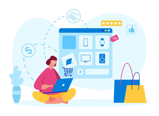 Internet shop concept, girl make order or do shopping. Vector buyer sale, internet shopping online, woman buy at web shop illustration