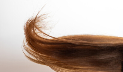 Fototapeta premium Brown curls of hair in the wind. Healthy hair. Light background