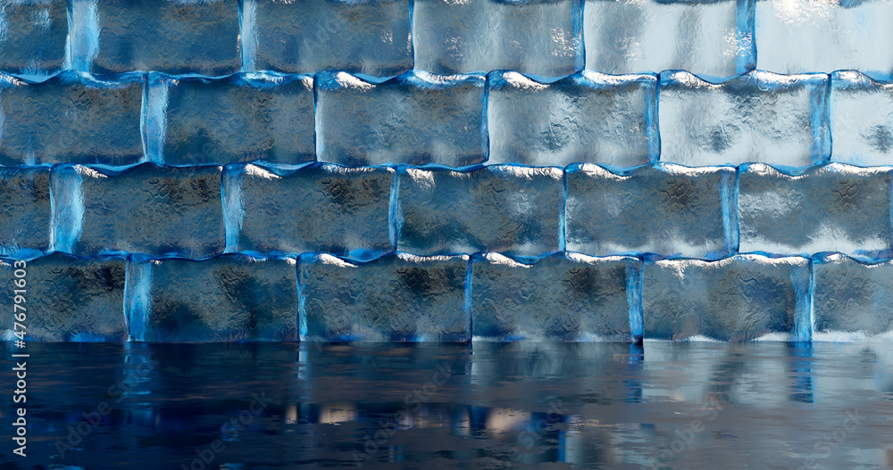 Poster 3d rendering. large blocks of ice are lined in brickwork with neon lighting in blue light.