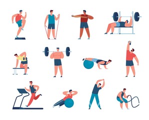 Fototapeta na wymiar Athletic men training at gym, exercising with sport equipment. Male characters doing cardio exercises, lifting weights, workout vector set. Guys with muscles having physical exercises