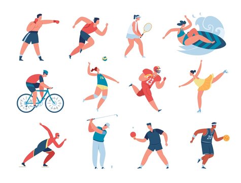 Characters doing sports activities, professional athletes training. Boxer and runner, people playing tennis, football, volleyball vector set. Man and woman having active hobby or lifestyle