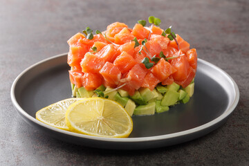 Raw salmon tartare, trout tartar or red fish cubes salad with fresh avocado closeup