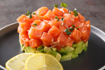 Delicious avocado and raw salmon salad, tartare, served on a plate with lemon, light background