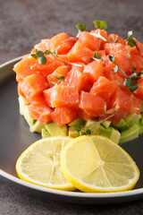 Delicacy food Salmon tartare served with avocado, lemon and microgreen close-up in a plate on a concrete table. Vertical