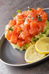 Salmon tartare on top on slices of avocado with lemon and microgreen close-up in a plate on a concrete table. Vertical