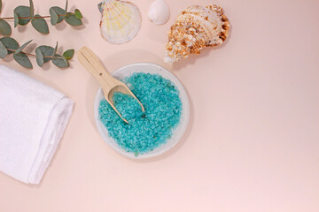 Fototapeta na wymiar Aromatic natural mineral salt. Skincare Scrubs and Masks. Sea bath salt for healthy spa relaxation.