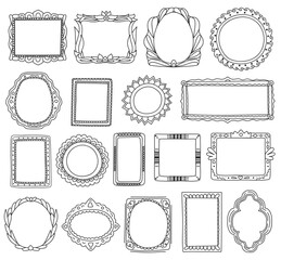 Doodle photo frames, cute hand drawn painting frame. Scrapbook tag doodles, sketch picture framing borders with decorative elements vector set. Round, rectangular or oval shaped mirror