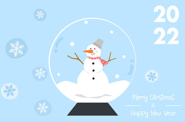 Lovely Snowman character for new year 2022 greeting card, Winter Snowman vector flat design, cute festive season poster design, Merry Christmas and happy new year vector background, Lovely snowball.