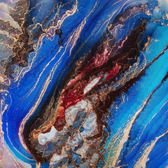 blue and red paint fluid abstraction marbling watercolor gold swirl