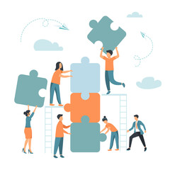 Business concept. Team metaphor. people connecting puzzle elements. Vector illustration flat design style. Symbol of teamwork, cooperation, partnership vector