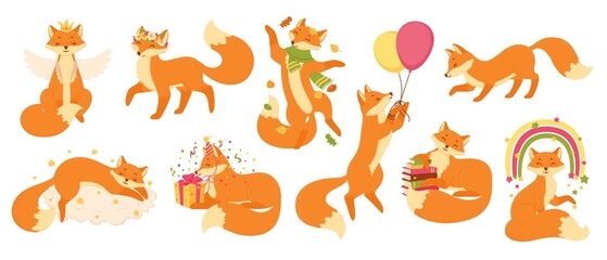 Cartoon foxes, cute red fox sleeping, sitting or jumping. Funny forest animals, wildlife animal mascot characters in various poses vector set. Adorable fox holding balloons, enjoying autumn leaves