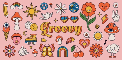 Retro 70s hippie stickers, psychedelic groovy elements. Cartoon funky mushrooms, flowers, rainbow, vintage hippy style element vector set. Decorative disco ball, flying dove and cherries - obrazy, fototapety, plakaty