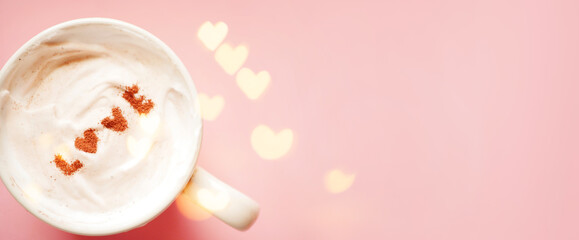 Valentine's day banner. Cup of coffee top view. Pink background. Copy space