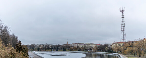 Minsk TV Tower, editorial offices of the Belarusian television channels. View of Minsk TV tower near river Svisloch.