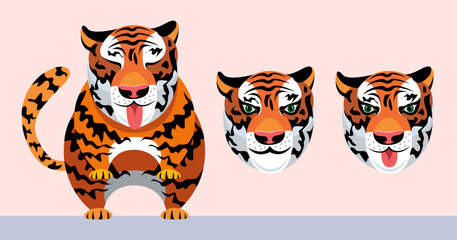 Cartoon character of a tiger. Variations of heads with different facial expressions. Animal stylization 