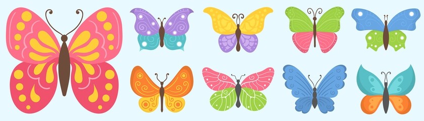 Set colorful flying insects, summer butterfly flat