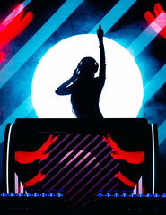 Pretty young disc jockey girl  mixing music and dancing. on colorful display background.