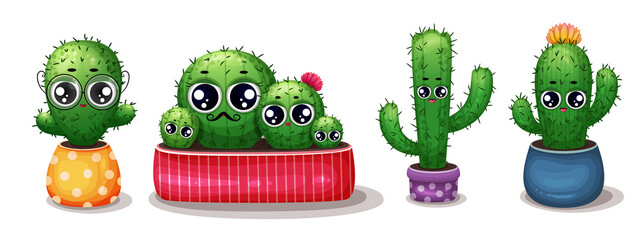 Set of cactus in flowerpot. Cartoon cactus with flowers. Cute succulent character. Collection of exotic desert plants isolated on a white. Cartoon succulents with funny faces. Kawaii cactus set.